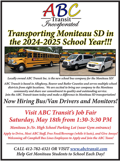 Now Hiring Bus/Van Drivers and Monitors! Visit ABC Transit’s Job Fair Saturday, May 18th from 1:30-3:30 PM Moniteau Jr./Sr. High School Parking Lot (near Gym entrance)