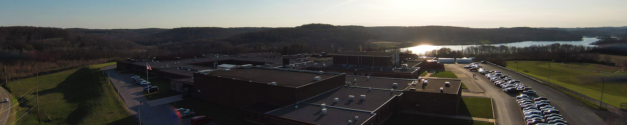 Aerial view of sunset over campus